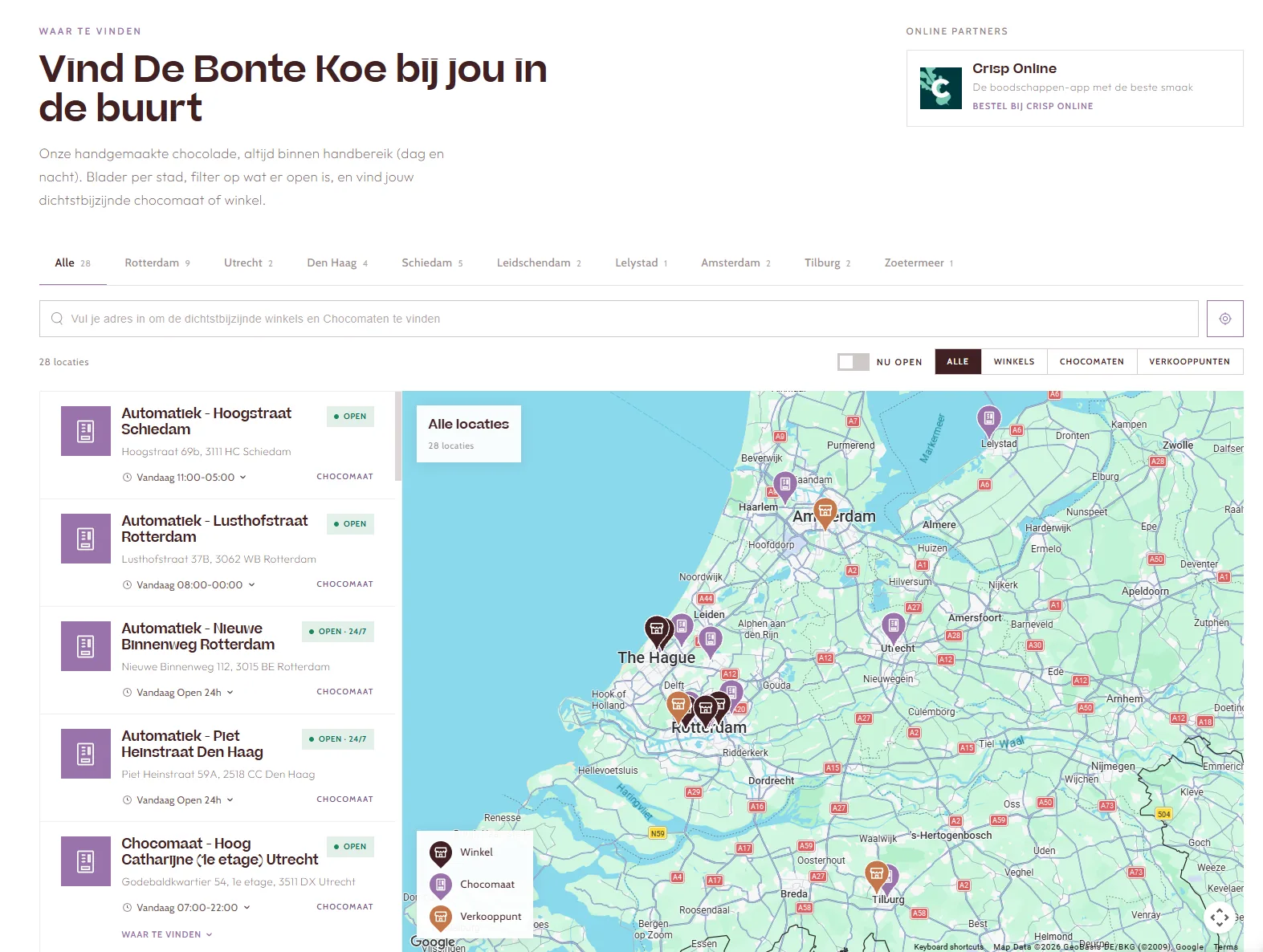 The ChocoVinder page, “Vind De Bonte Koe bij jou in de buurt”: shops and vending machines listed beside a map of the Netherlands.