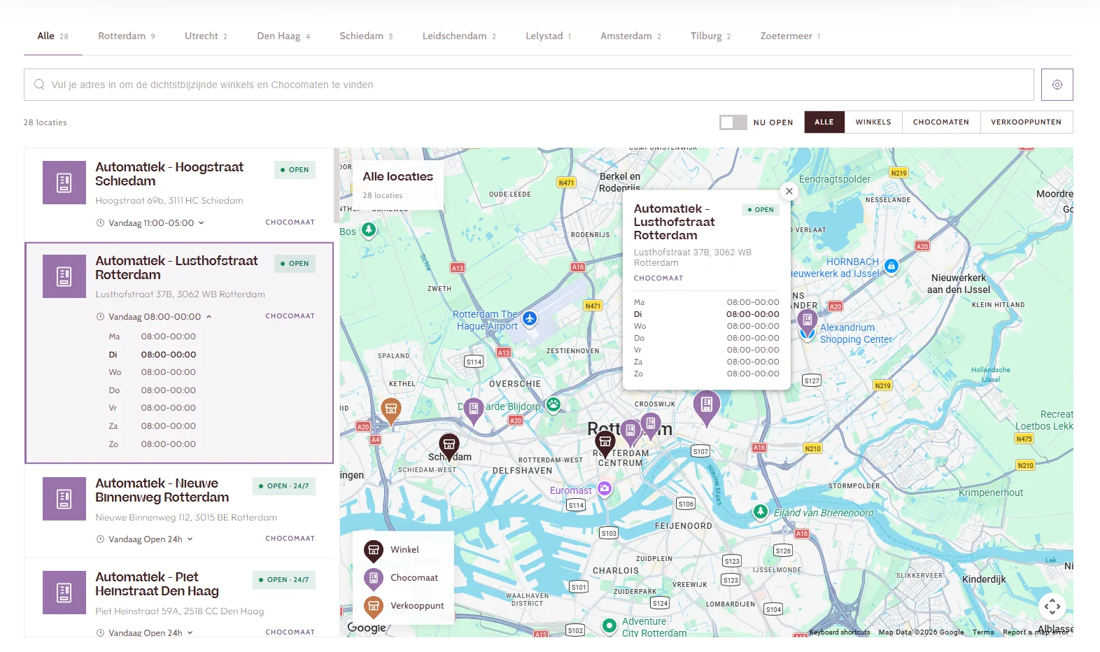 ChocoVinder zoomed in on Rotterdam, with one vending machine’s opening hours open.