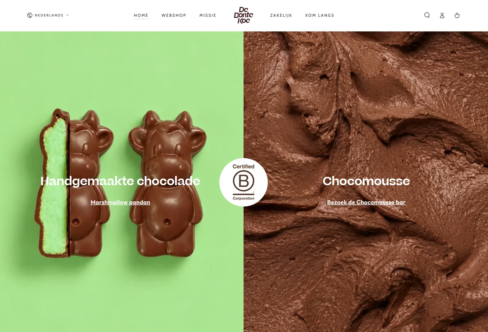 The De Bonte Koe homepage: two chocolate cows on green beside a close-up of chocolate mousse.