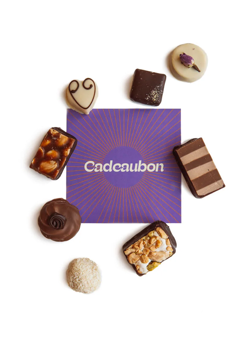 De Bonte Koe chocolates laid out around a purple gift card.