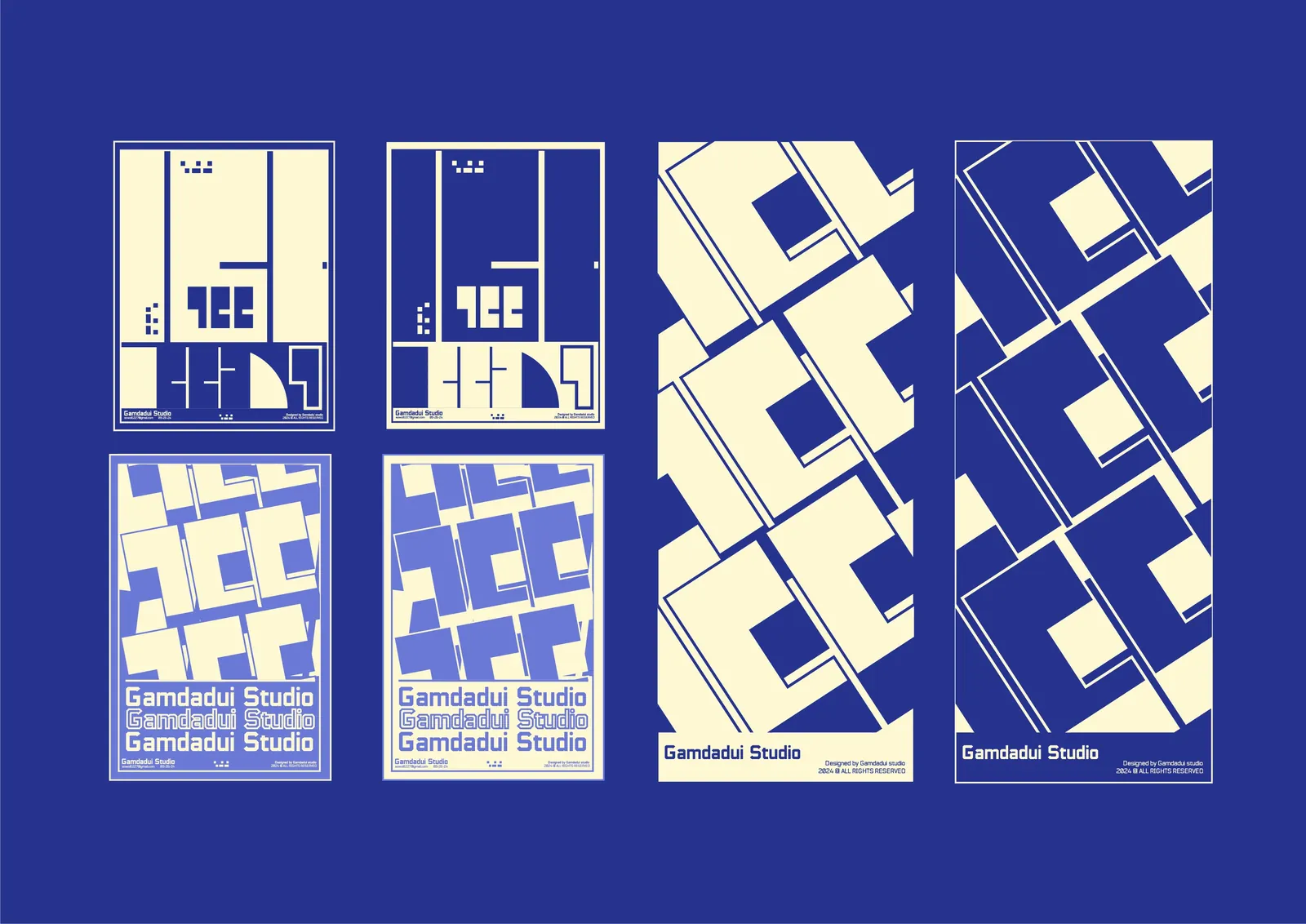 Pattern guide and design elements built from the tilted logo shapes.