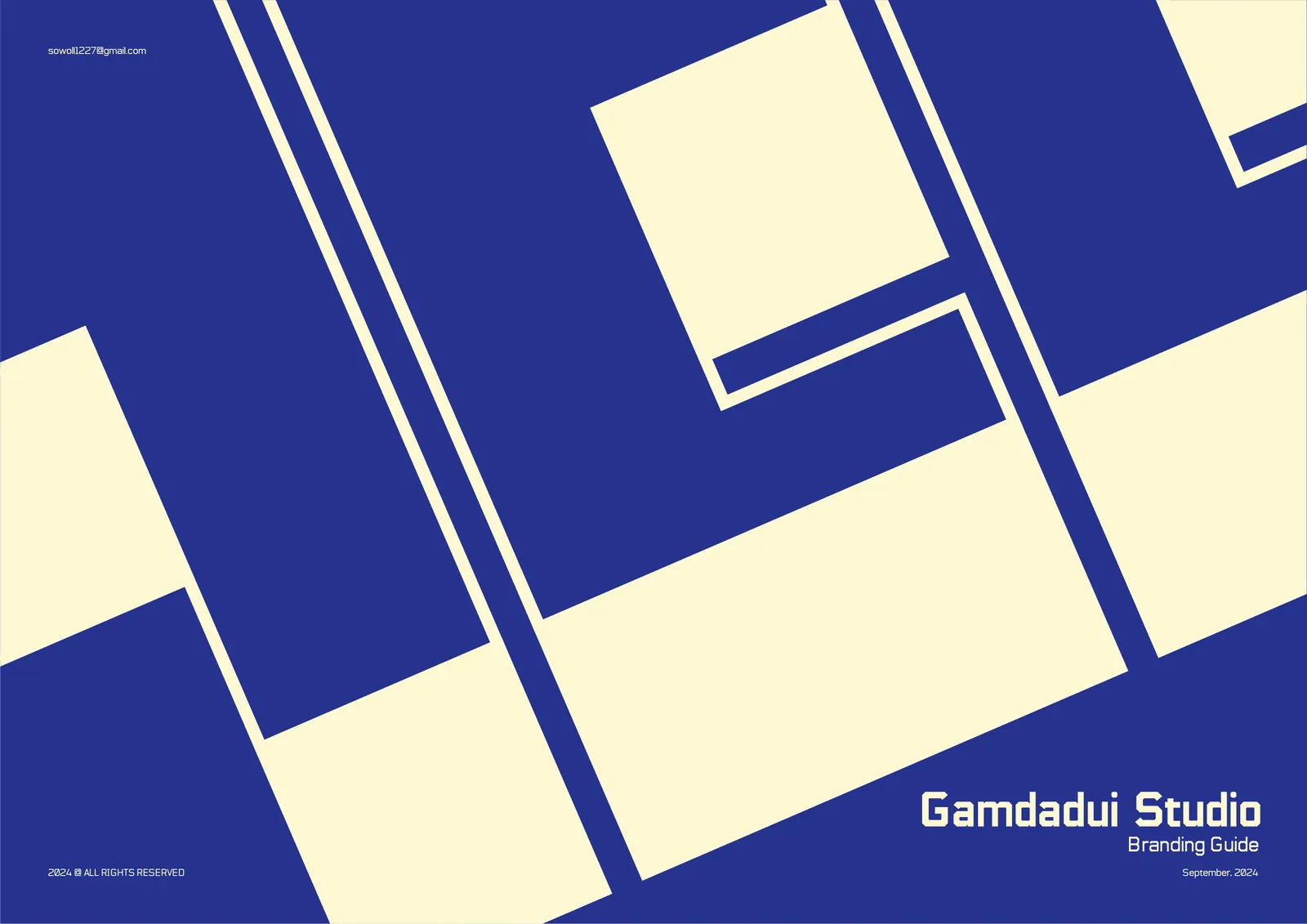 The Gamdadui Studio branding guide cover: tilted ㄱㄷㄷ shapes in night blue and natural wool.