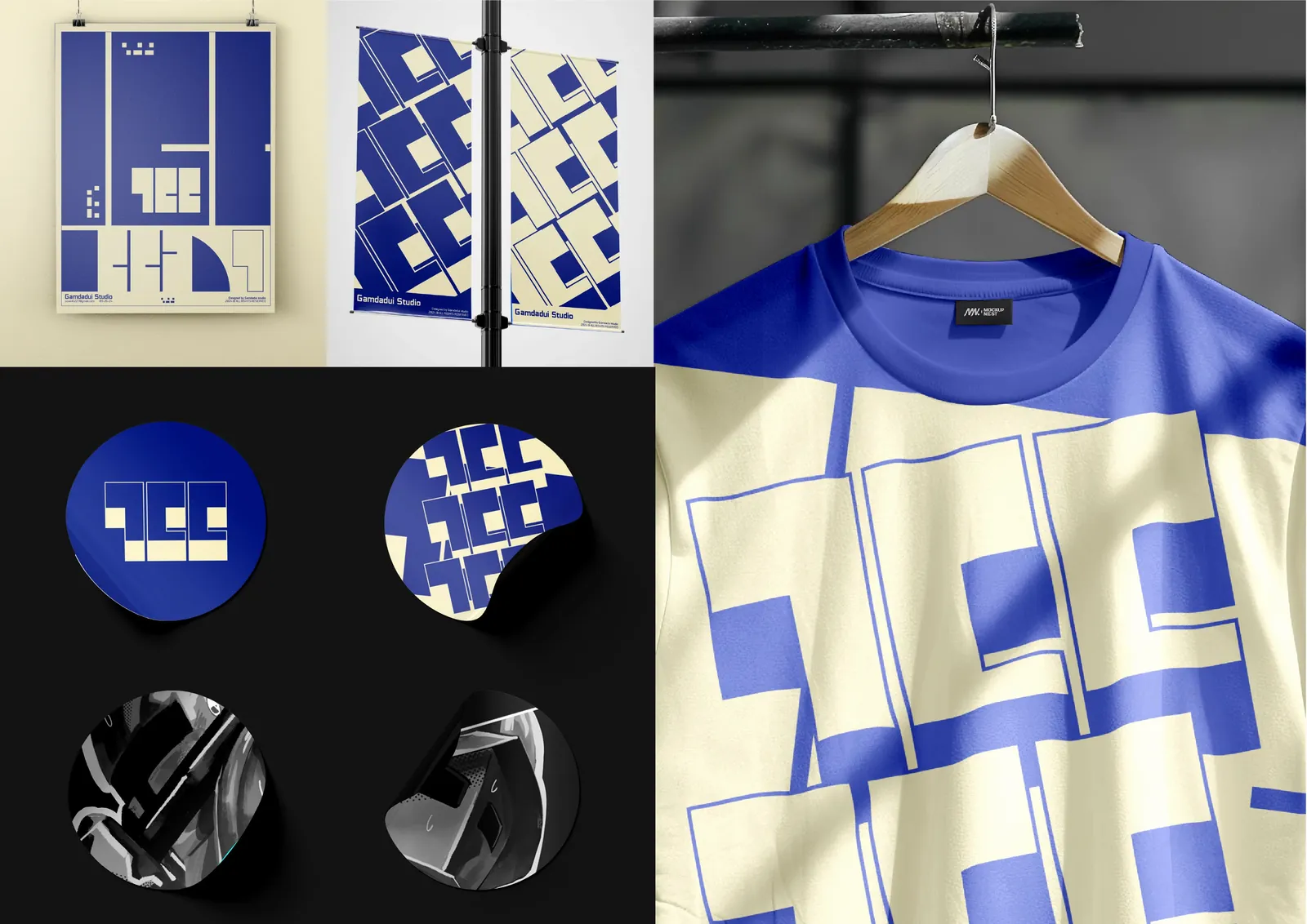 Gamdadui Studio posters in night blue and natural wool, built from the logo pattern.