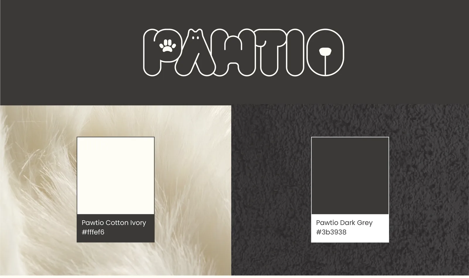 The PAWTIO wordmark above two fur-textured colour swatches: Pawtio Cotton Ivory #fffef6 and Pawtio Dark Grey #3b3938.