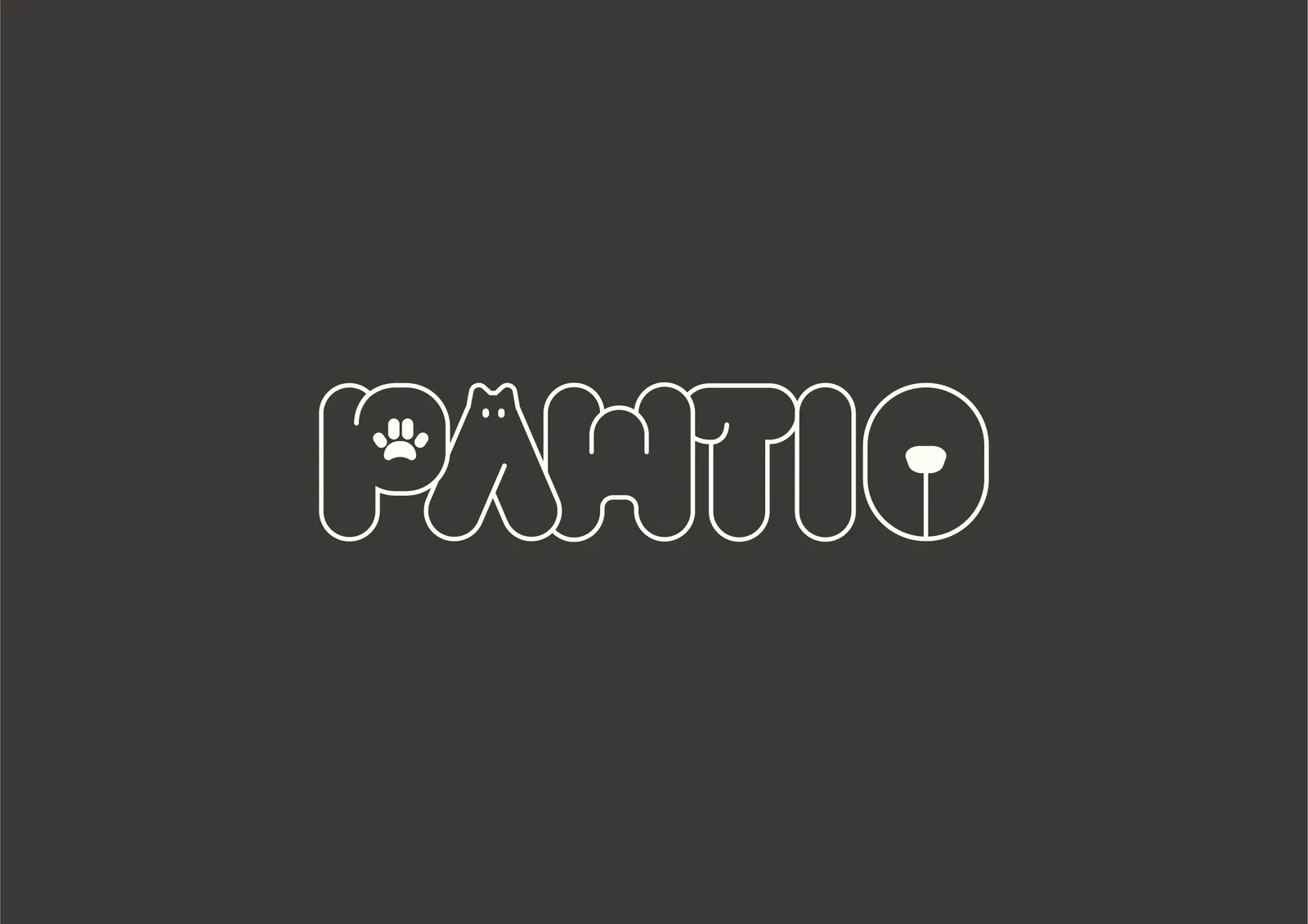 The PAWTIO wordmark in ivory outline on dark grey, with a paw in the P, a cat in the A and a dog’s nose in the O.