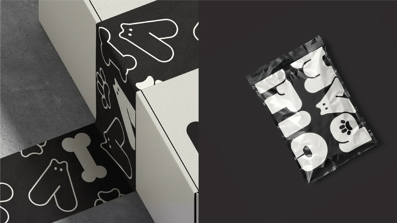 PAWTIO shipping boxes printed with the outline pattern, and a glossy mailer bag with large letter shapes.