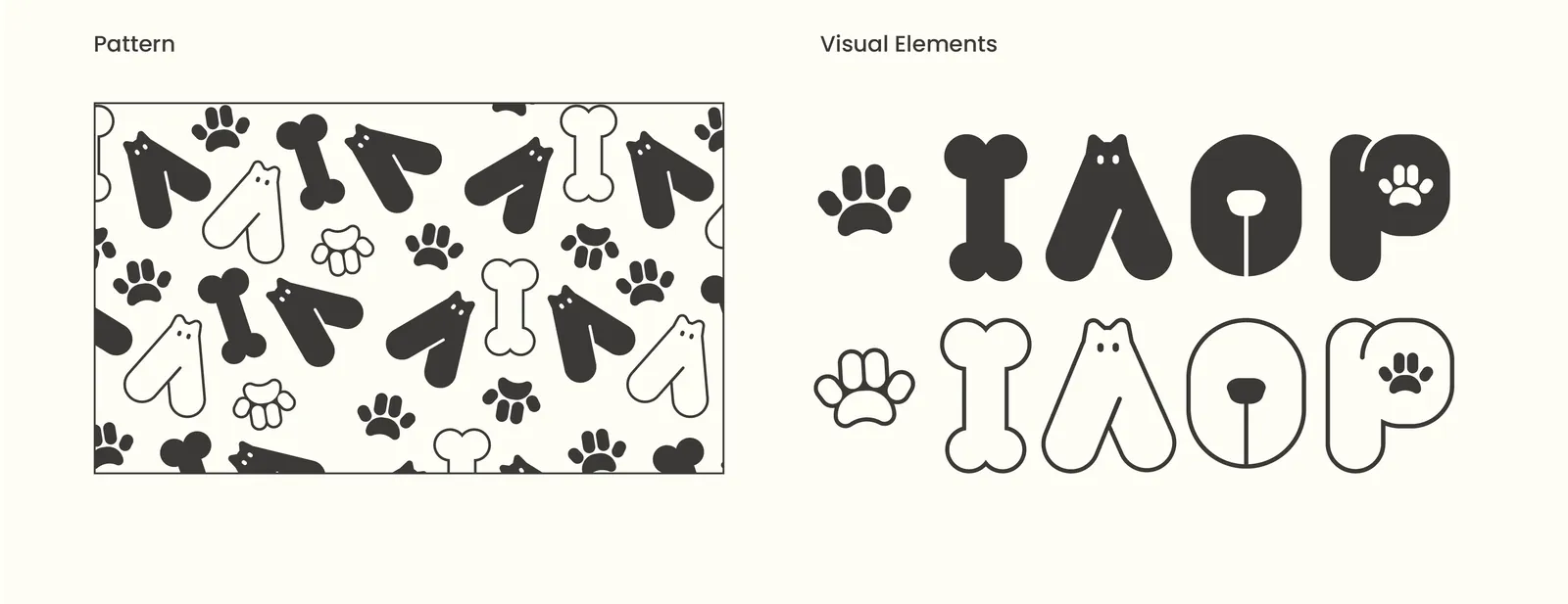 The PAWTIO pattern of paws, bones and cat shapes, next to the visual elements in filled and outline styles.