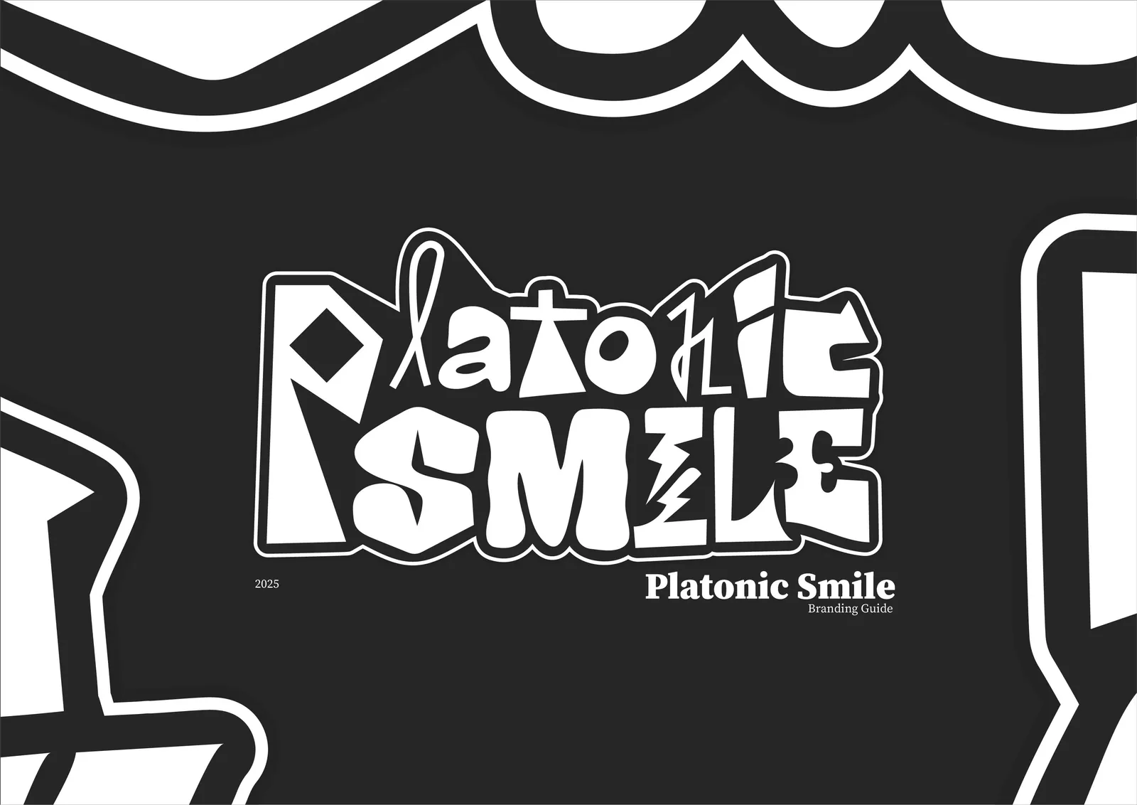 The hand-cut Platonic Smile wordmark in white on black, with “Branding Guide 2025”.