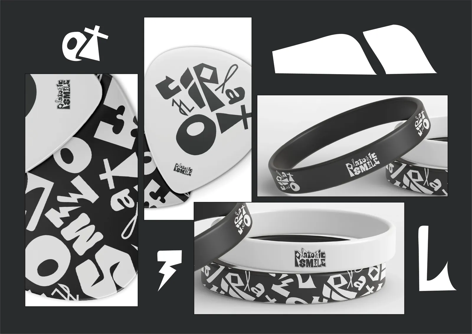 Guitar picks and wristbands with the Platonic Smile wordmark and pattern.
