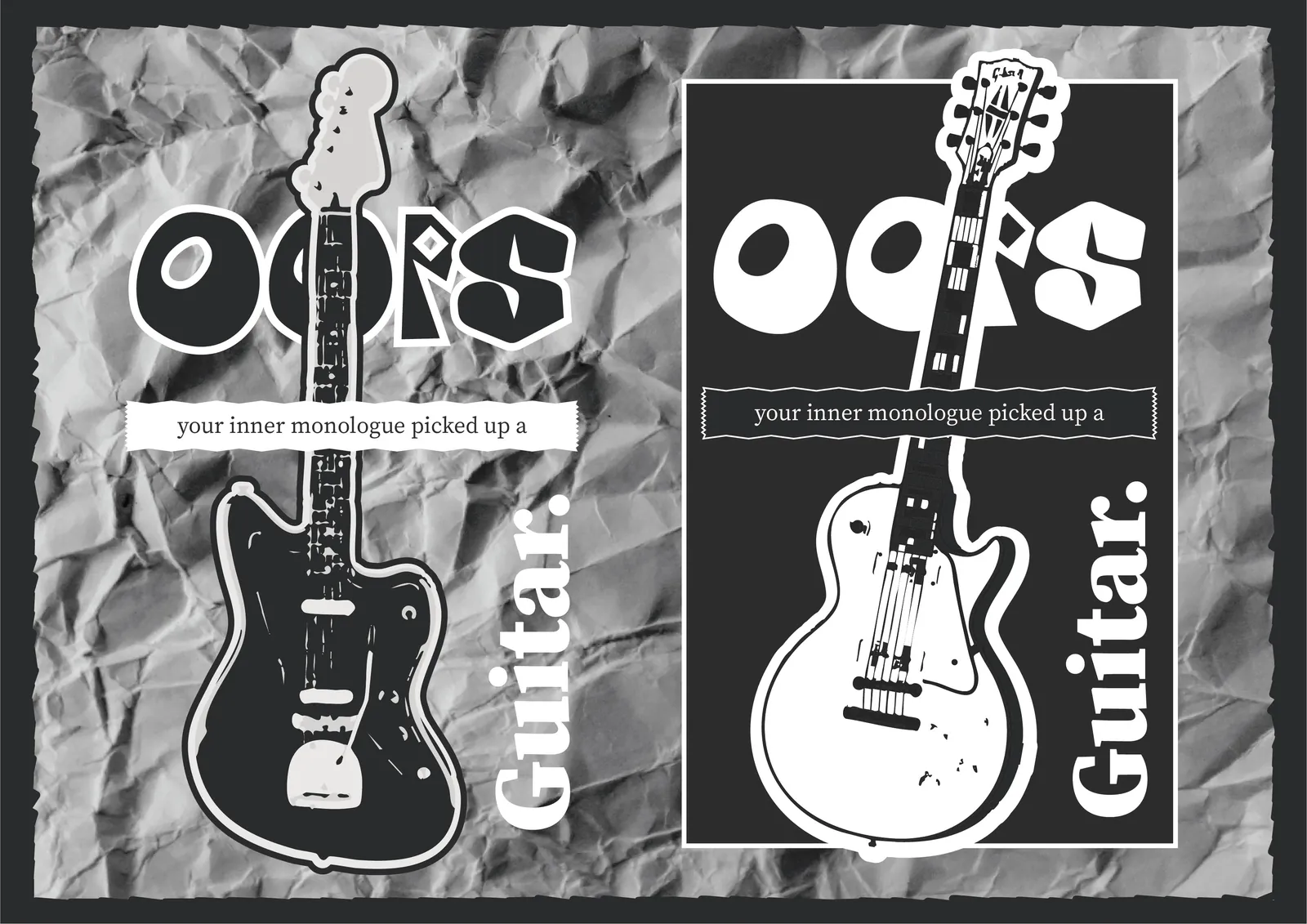 Two posters on crumpled paper: “OOPS”, “your inner monologue picked up a Guitar.”