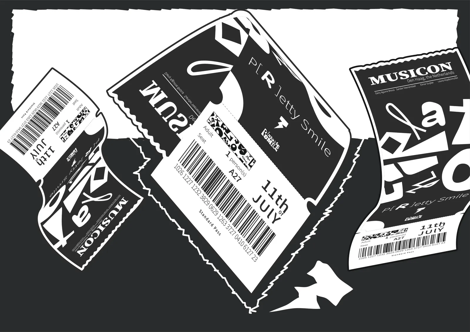 Torn gig tickets for a Platonic Smile show on 11 July, with barcodes and the letter pattern.