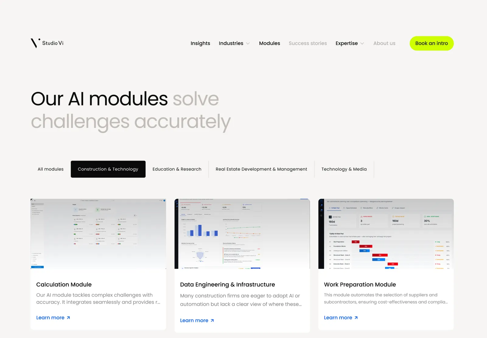 The redesigned Studio Vi module overview: “Our AI modules solve challenges accurately”, with sector tabs and module cards.