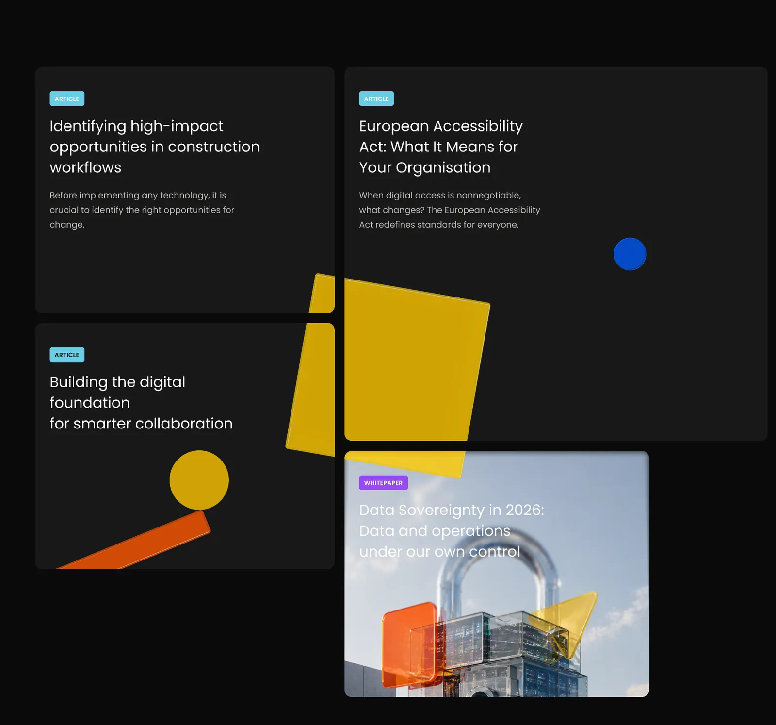 Studio Vi article cards in the Neo Bauhaus style: dark cards with yellow, orange and blue geometric shapes.