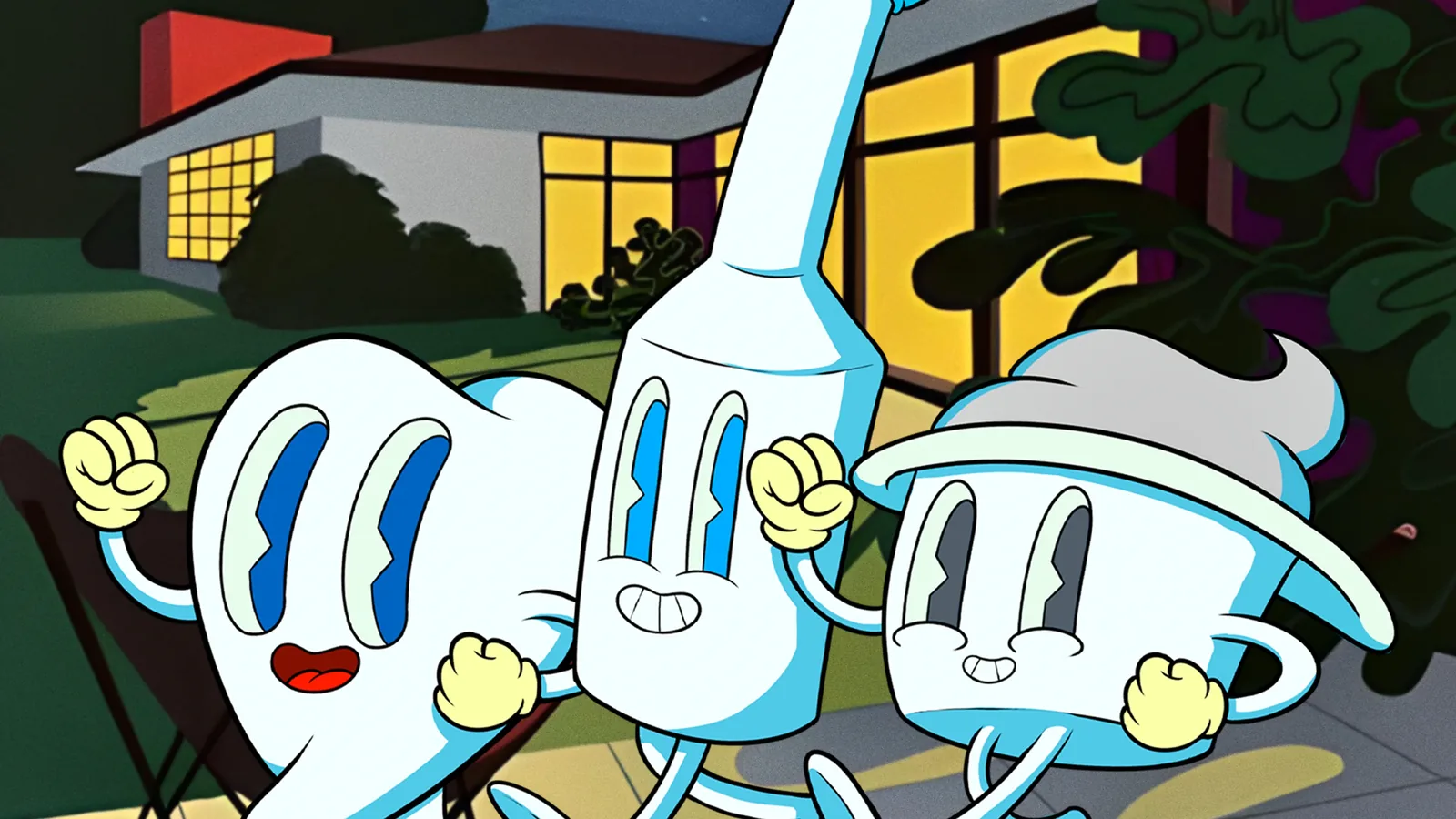 Wonderful Dental’s cartoon tooth, toothbrush and cup characters cheering outside a house at night.