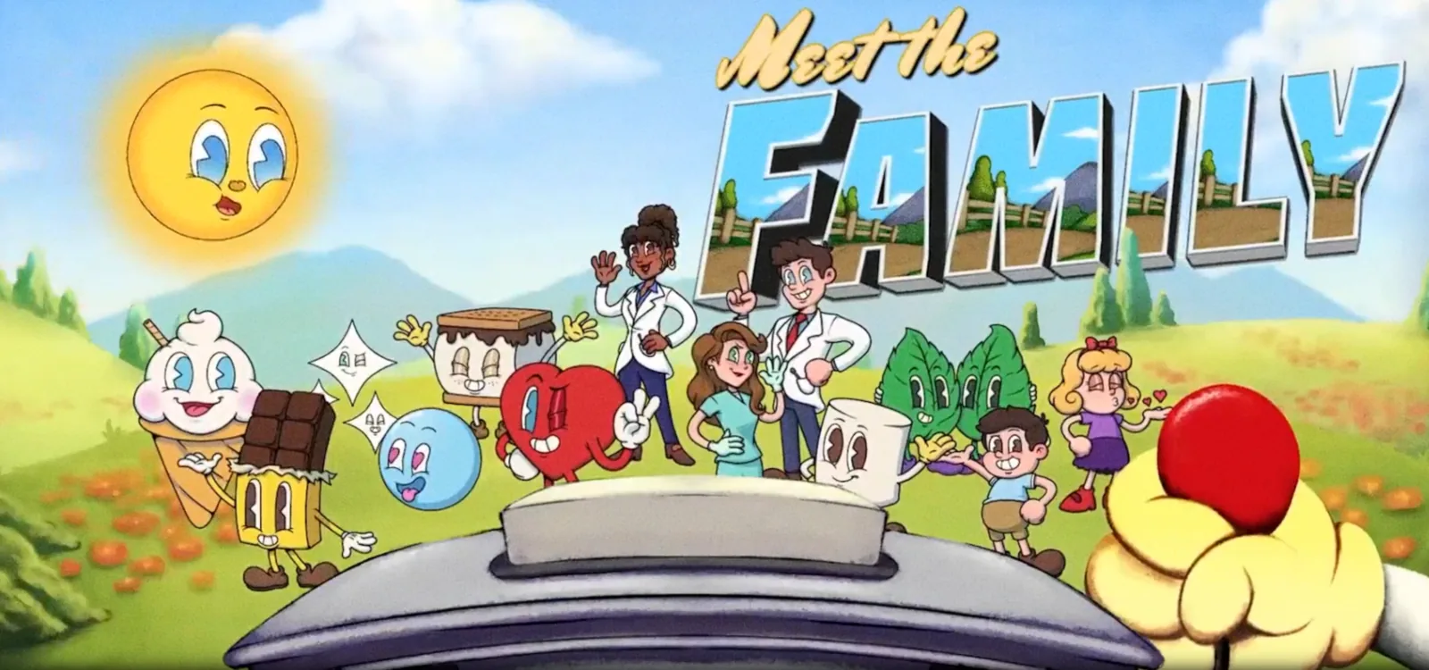 “Meet the family”: the Wonderful Dental product characters together on a sunny banner.