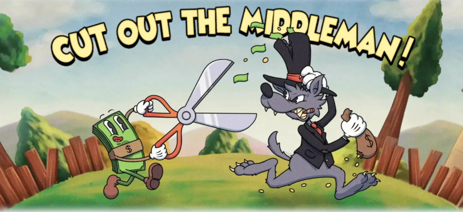 “Cut out the middleman!”: a banknote character with giant scissors chasing a wolf in a top hat.