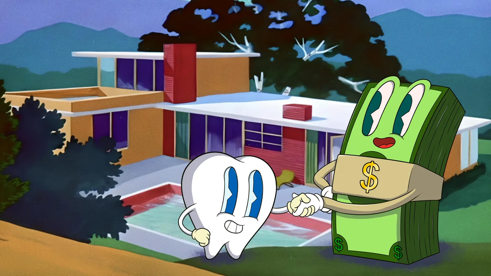A cartoon tooth shaking hands with a stack of dollar bills outside a modern house.
