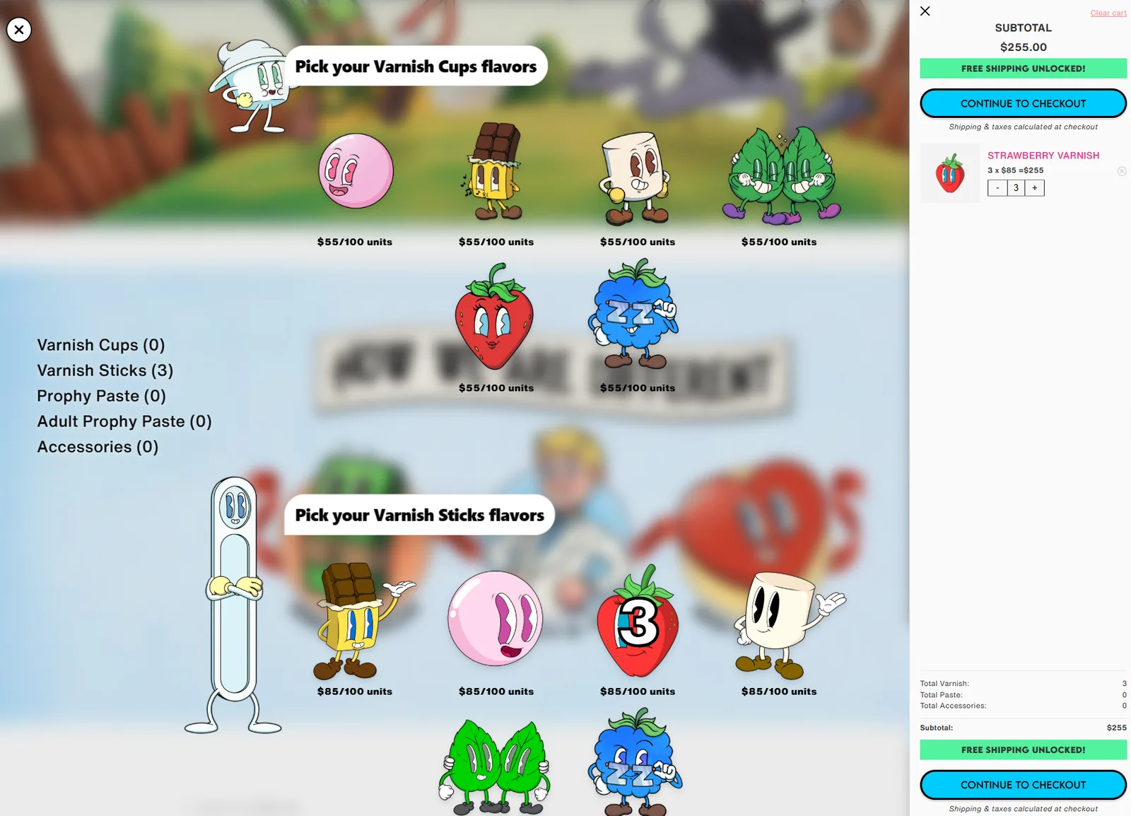 One of the ordering layouts tested: flavour characters to pick from, with the cart open beside them.
