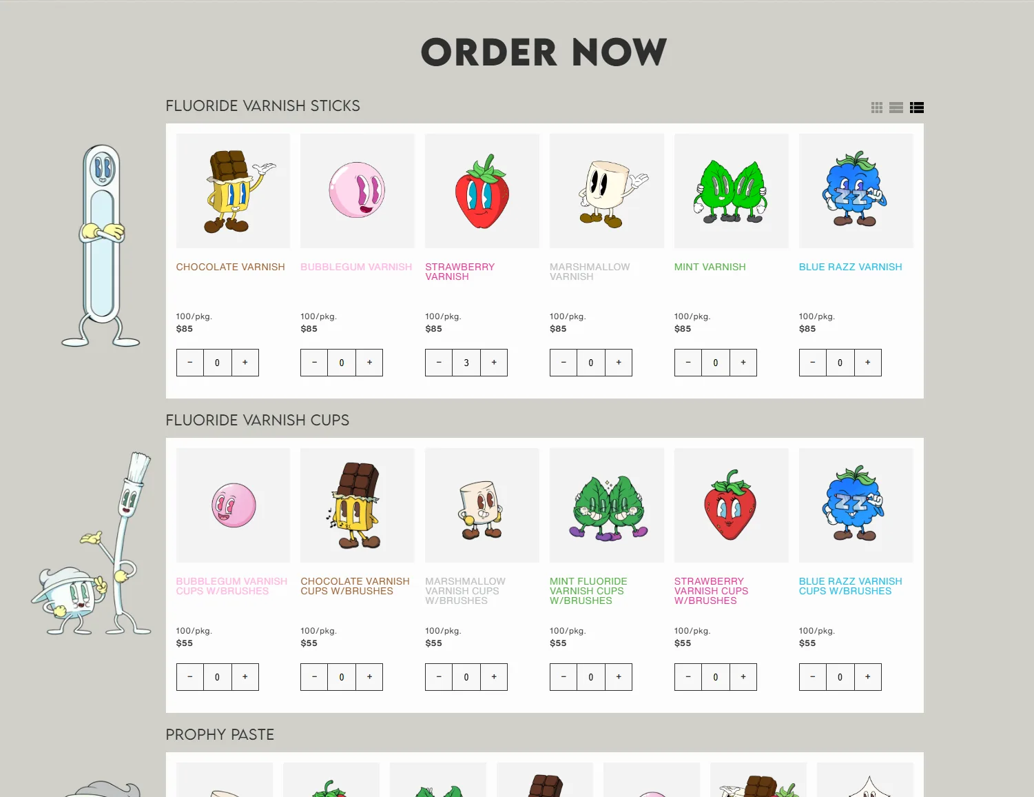 Another layout tested: an “Order now” grid with every flavour and a quantity stepper under each.